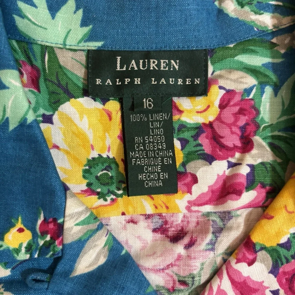 Lauren Ralph Lauren Floral Hawaiian Shirt Sz 16 Coastal Beach Linen Vacay Women - Picture 7 of 8